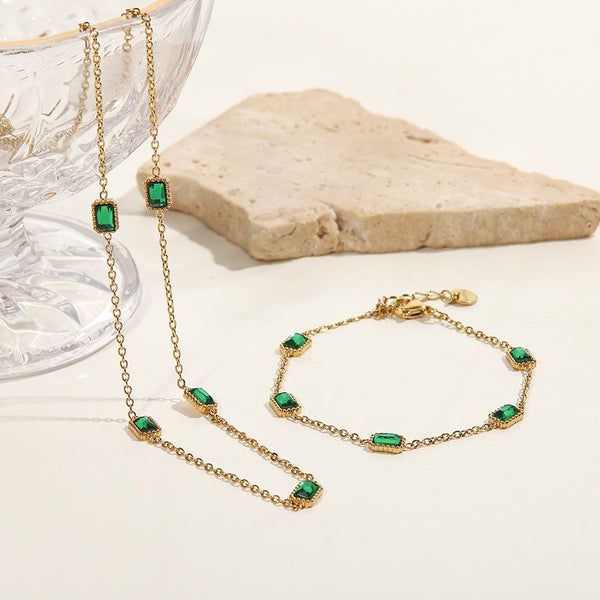 Square Emerald Zircon Light Luxury  INS-Style Clavicle Chain titanium Necklace and Bracelet SetClavicle Chain titanium Necklace and Bracelet Set