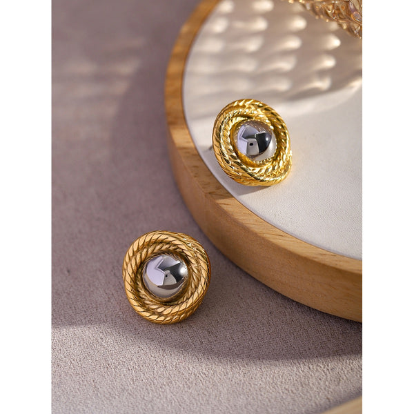 gold and silver stitching thread texture round earrings